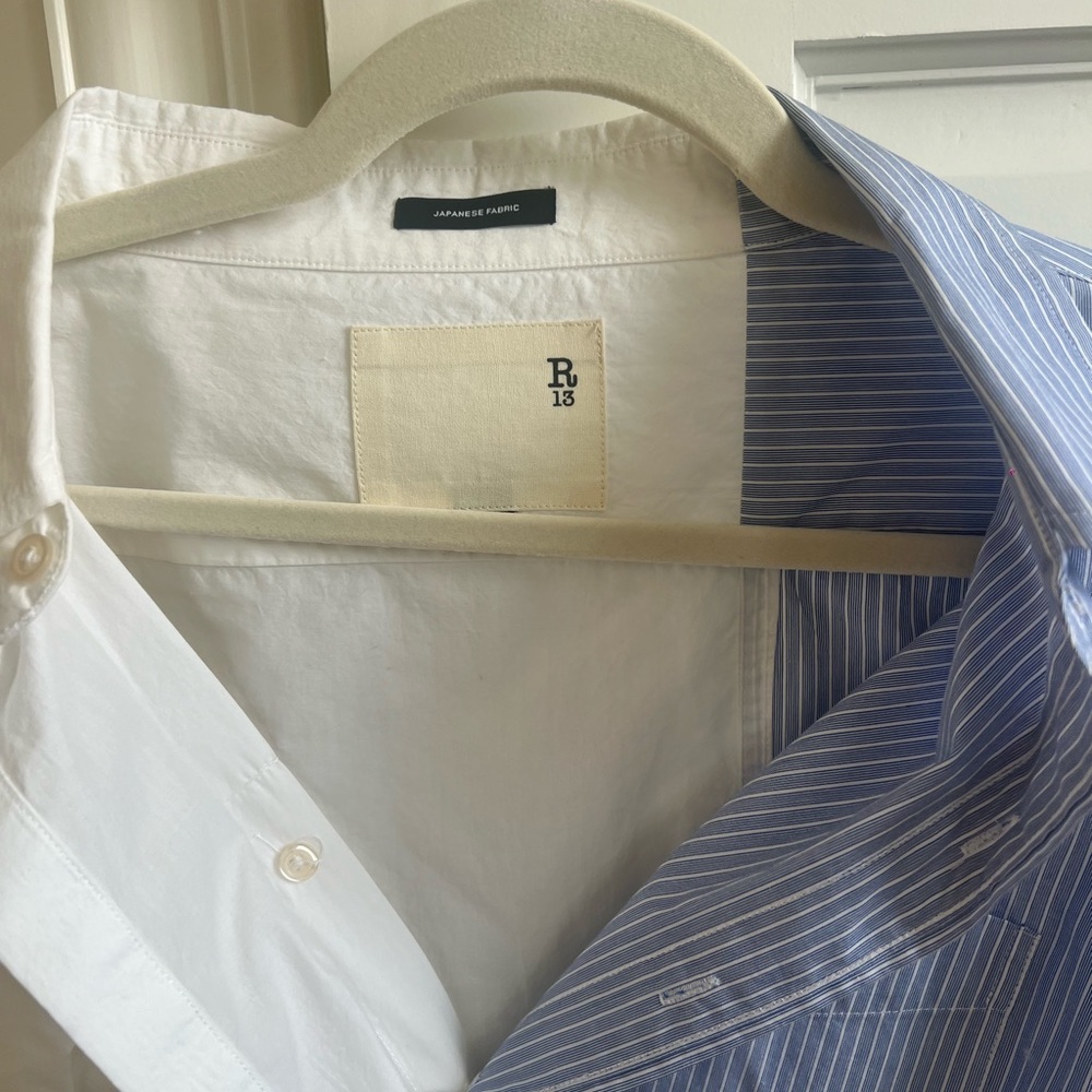 R13 white and blue button down combo shirt open collar - Picture 3 of 8